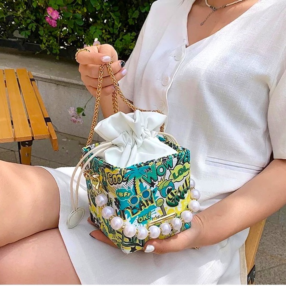 Graffiti Box Style Handbag- Green